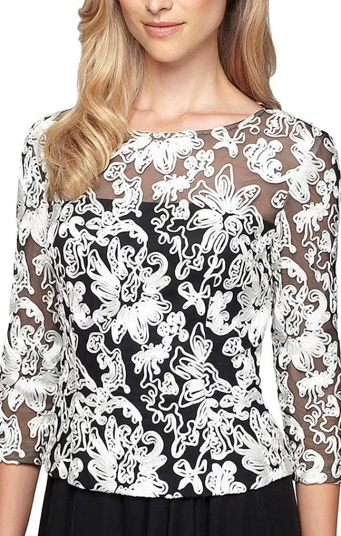 Discount Alex Evenings 3/4 Sleeve Blouse With Embroidered Detail And Illusion Neckline Black & White