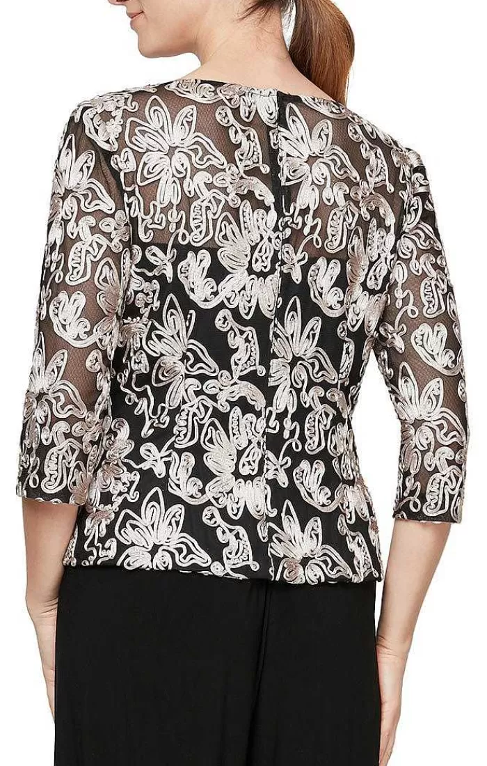 Discount Alex Evenings 3/4 Sleeve Blouse With Embroidered Detail And Illusion Neckline Black & White