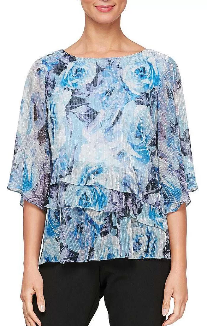 Best Alex Evenings 3/4 Sleeve Printed Blouse With Tiered Hem Hydrangea