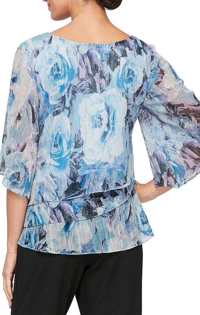 Best Alex Evenings 3/4 Sleeve Printed Blouse With Tiered Hem Hydrangea