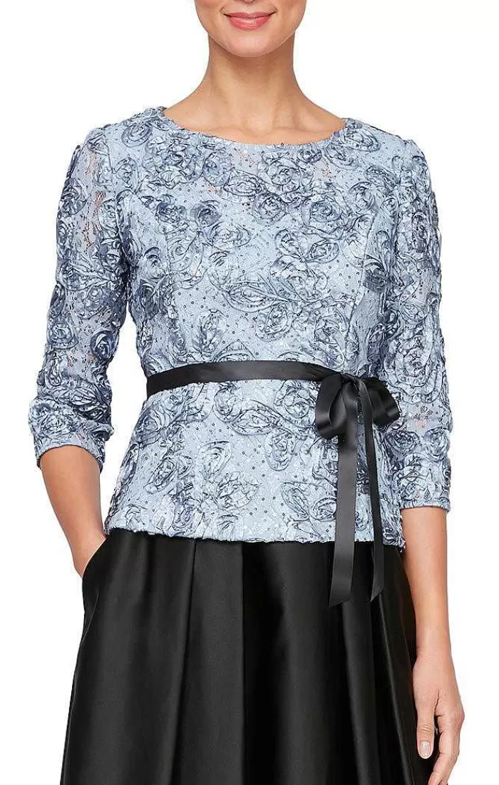 Sale Alex Evenings 3/4 Sleeve Rosette Blouse With Illusion Neckline & Tie Belt Hydrangea