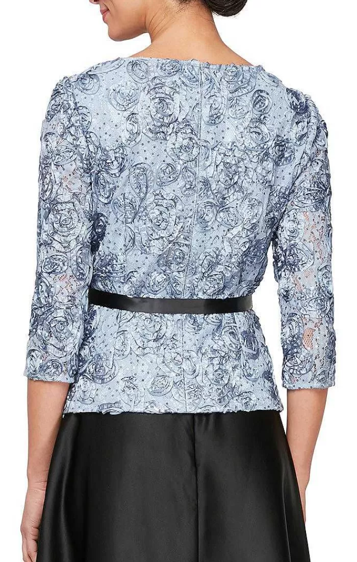 Discount Alex Evenings 3/4 Sleeve Rosette Blouse With Illusion Neckline & Tie Belt Hydrangea