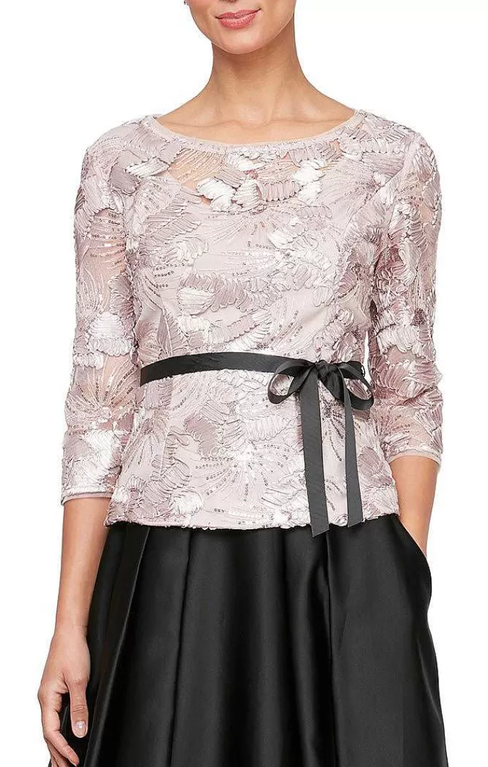 Best Sale Alex Evenings 3/4 Sleeve Soutache Blouse With Illusion Neckline & Tie Belt Shell Pink