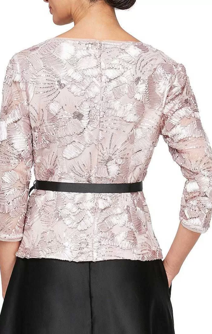 Best Sale Alex Evenings 3/4 Sleeve Soutache Blouse With Illusion Neckline & Tie Belt Shell Pink