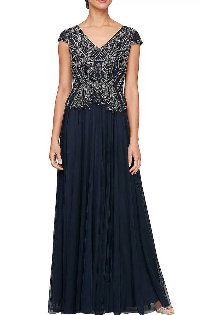 Best Sale Alex Evenings A-Line V-Neck Dress With Beaded Bodice & Cap Sleeves Navy