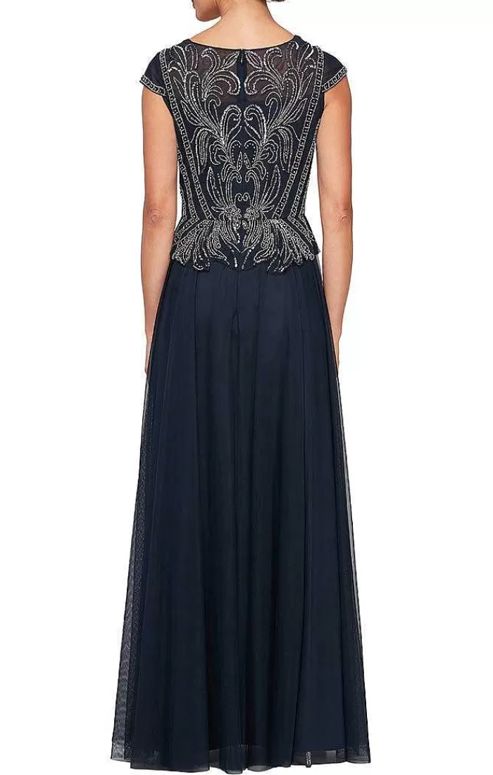 Flash Sale Alex Evenings A-Line V-Neck Dress With Beaded Bodice & Cap Sleeves Navy