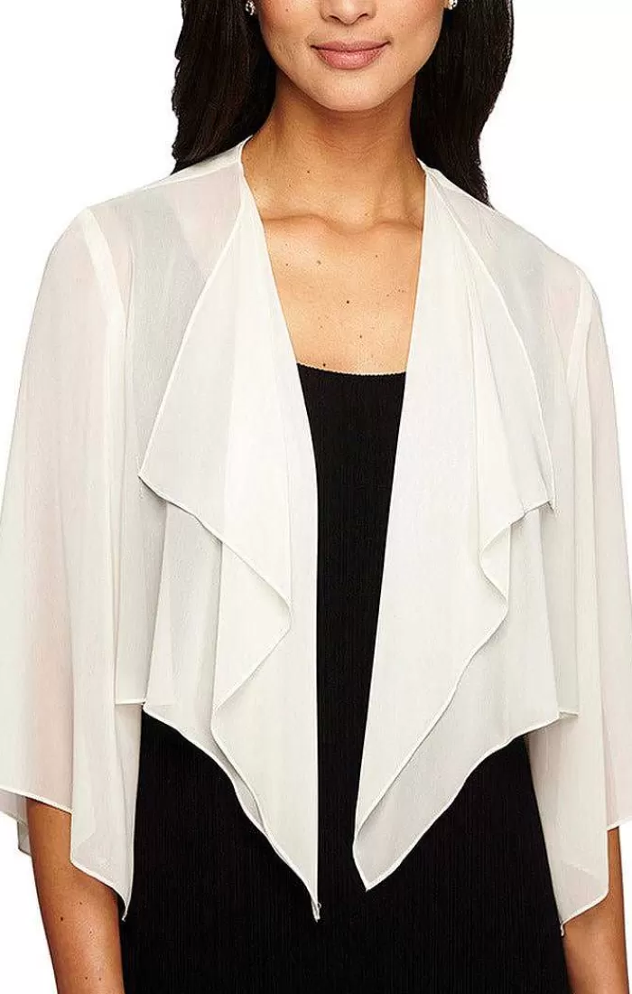 Store Alex Evenings Chiffon Cover-Up Bolero Jacket With Cascade Hem Detail Ivory | Champagne | Silver | Navy