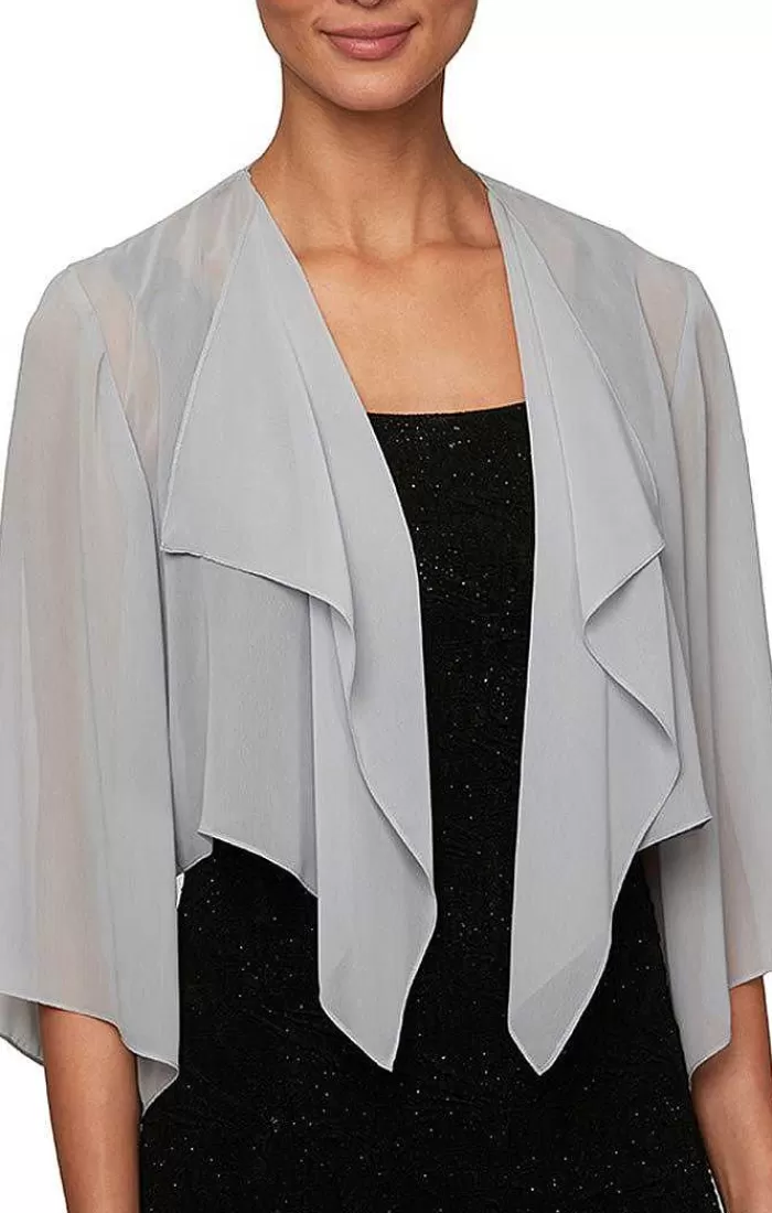 Store Alex Evenings Chiffon Cover-Up Bolero Jacket With Cascade Hem Detail Ivory | Champagne | Silver | Navy