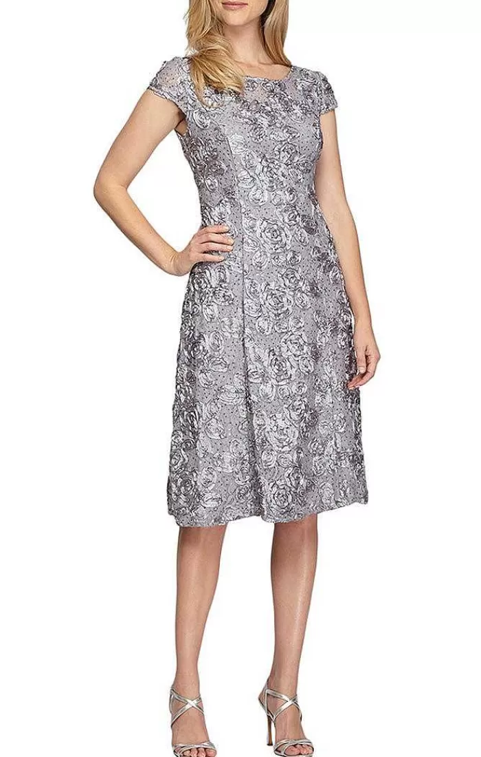 Discount Alex Evenings Cocktail Dress In Tte Lace With Cap Sleeves Rose | Champagne | Navy | Dove