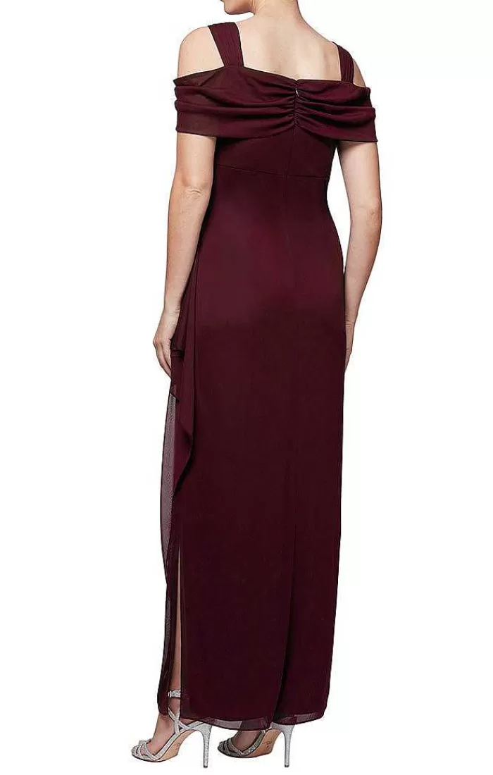 Fashion Alex Evenings Cold Shoulder Mesh Dress With Cowl Neckline Wine | Navy | Wedgewood