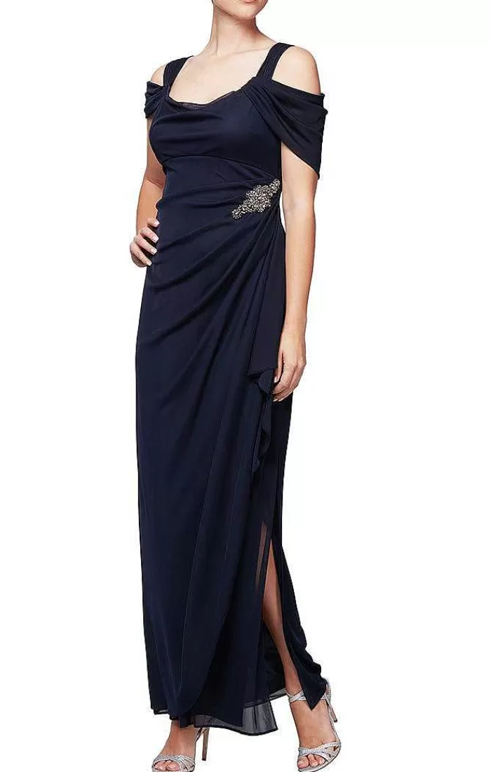 Fashion Alex Evenings Cold Shoulder Mesh Dress With Cowl Neckline Wine | Navy | Wedgewood