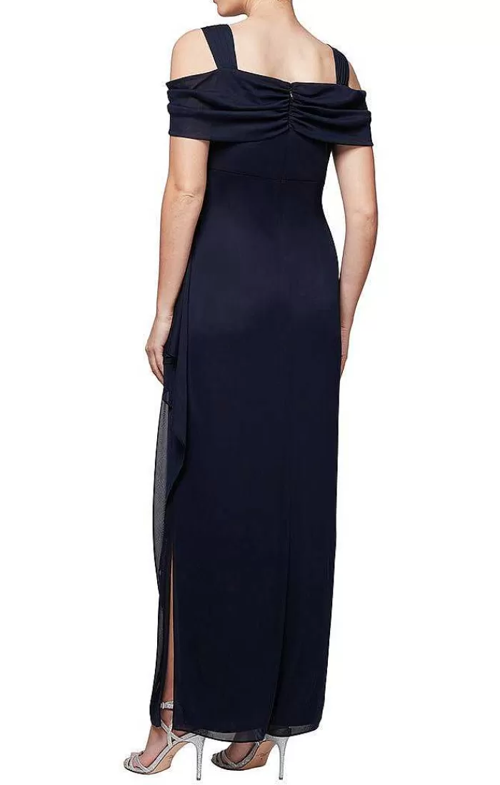 Hot Alex Evenings Cold Shoulder Mesh Dress With Cowl Neckline Wine | Navy | Wedgewood