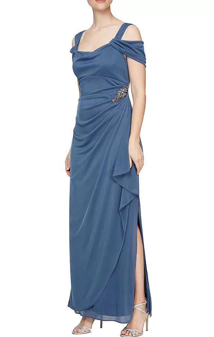 New Alex Evenings Cold Shoulder Mesh Dress With Cowl Neckline Wine | Navy | Wedgewood