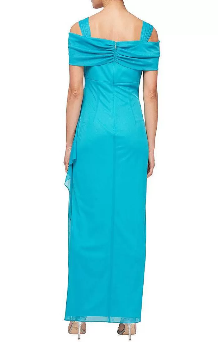 Clearance Alex Evenings Cold Shoulder Mesh Gown With Cowl Neckline & Overlay Skirt Black | Turquoise