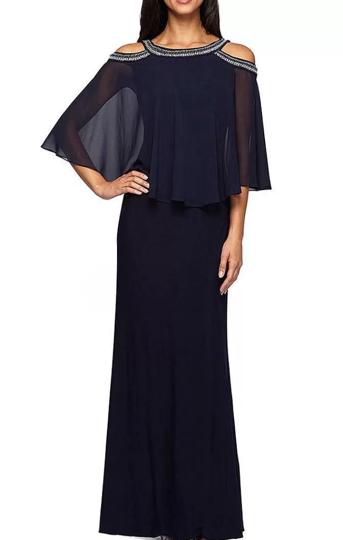 Sale Alex Evenings Cold Shoulder Popover Jersey & Chiffon Gown With Beaded Neckline Navy | Black