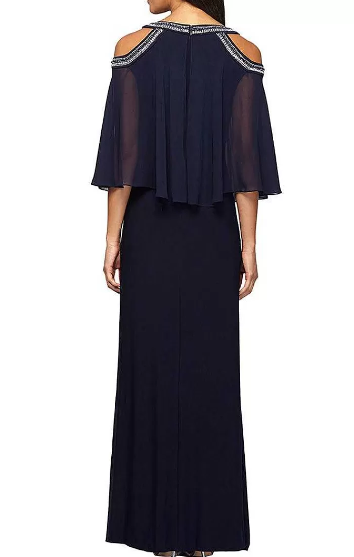 Best Alex Evenings Cold Shoulder Popover Jersey & Chiffon Gown With Beaded Neckline Navy | Black