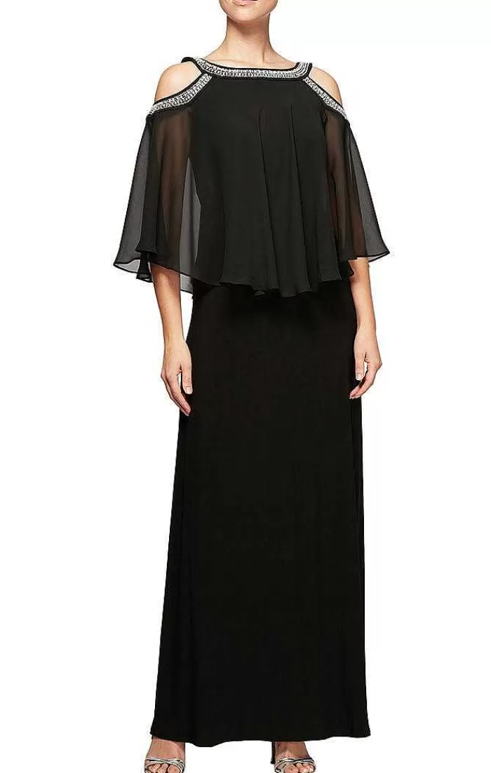 Hot Alex Evenings Cold Shoulder Popover Jersey & Chiffon Gown With Beaded Neckline Navy | Black