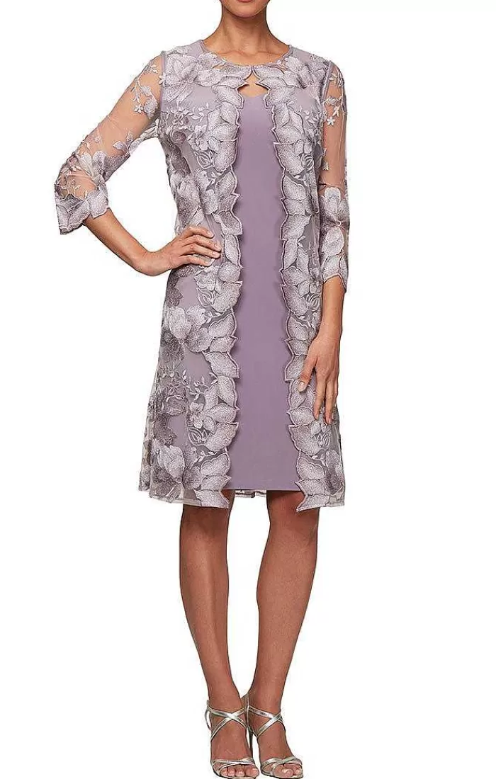 Cheap Alex Evenings Elongated Lace Mock Jacket With Jersey Sheath Dress Smokey Orc | Ice Sage | Lavender