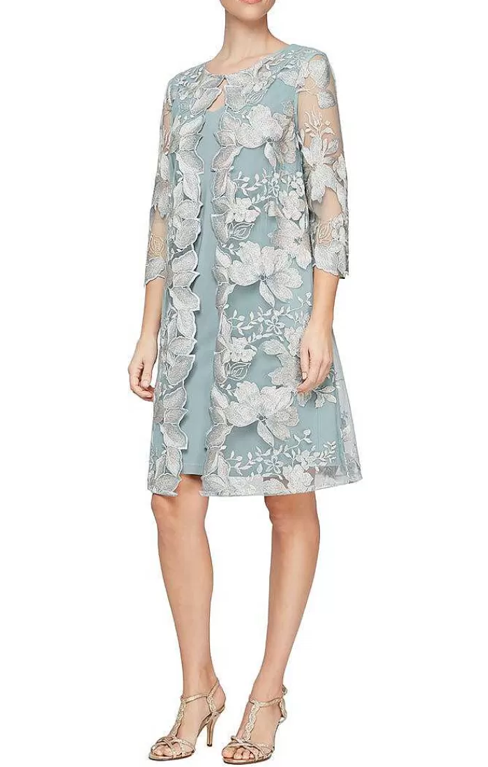 Shop Alex Evenings Elongated Lace Mock Jacket With Jersey Sheath Dress Smokey Orc | Ice Sage | Lavender