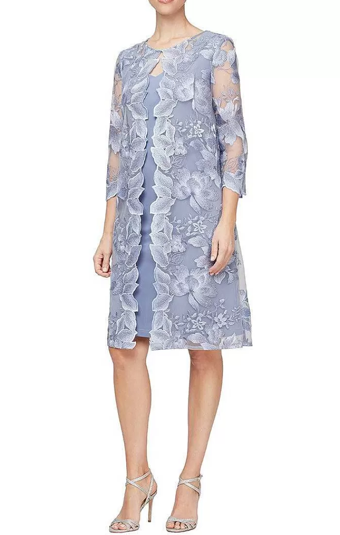 Shop Alex Evenings Elongated Lace Mock Jacket With Jersey Sheath Dress Smokey Orc | Ice Sage | Lavender