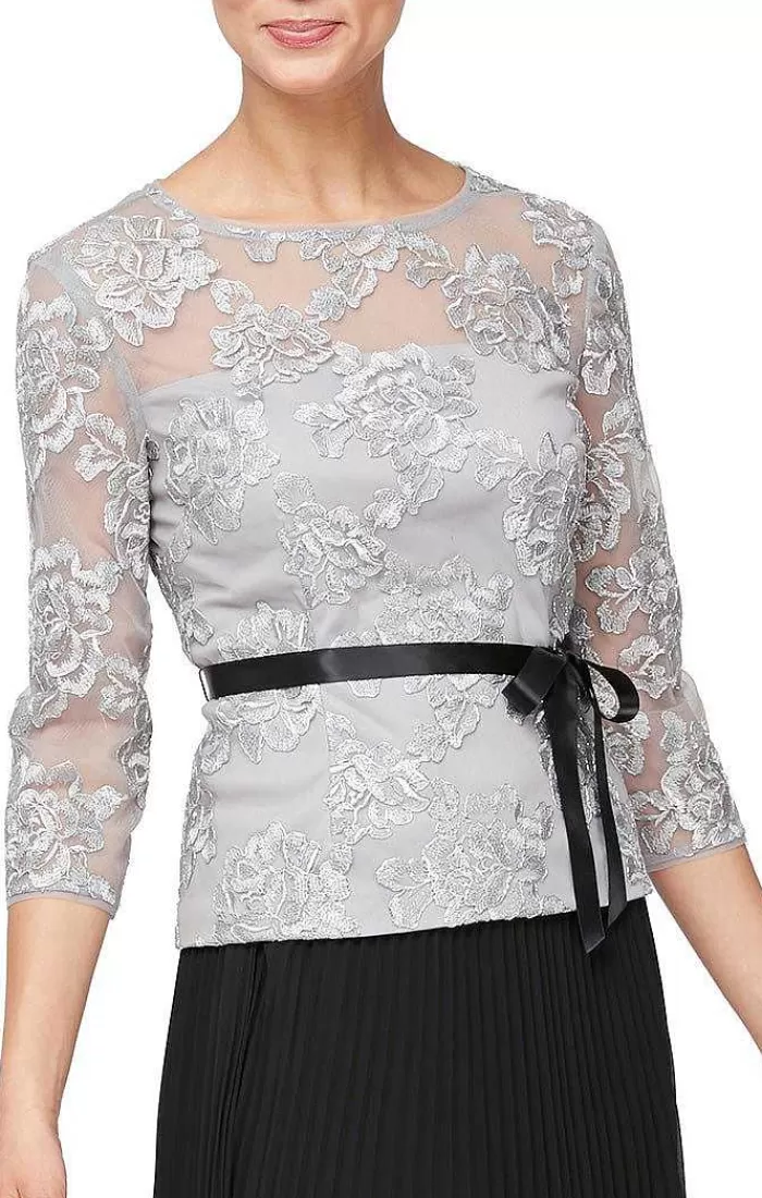 New Alex Evenings Embroidered Blouse With Illusion Neckline & Tie Belt Dove