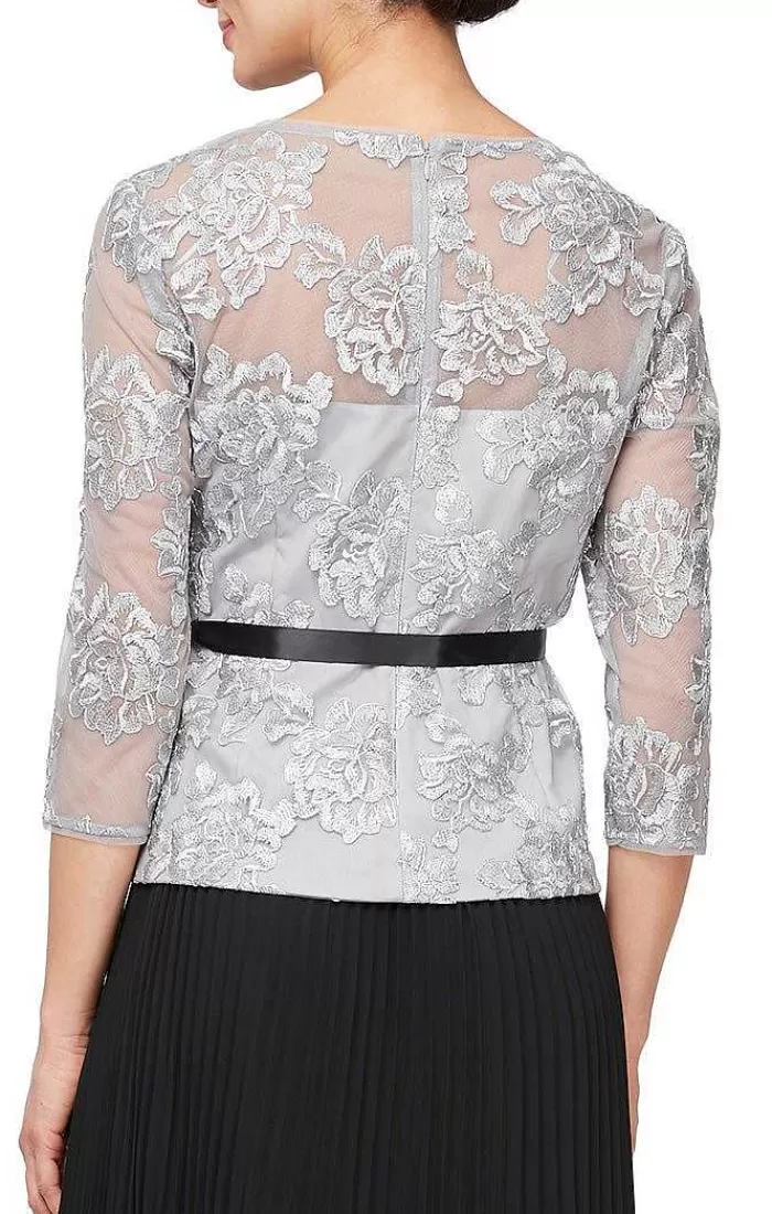 New Alex Evenings Embroidered Blouse With Illusion Neckline & Tie Belt Dove