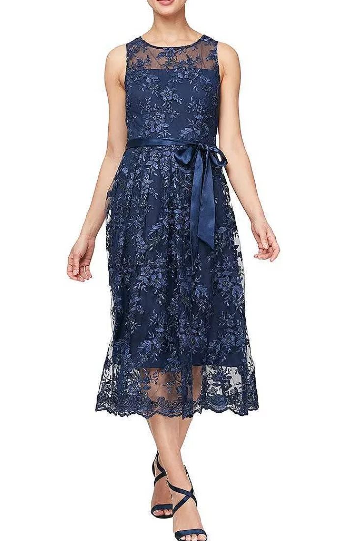 Shop Alex Evenings Embroidered Sleeveless Dress With Illusion Neckline & Tie Belt Navy