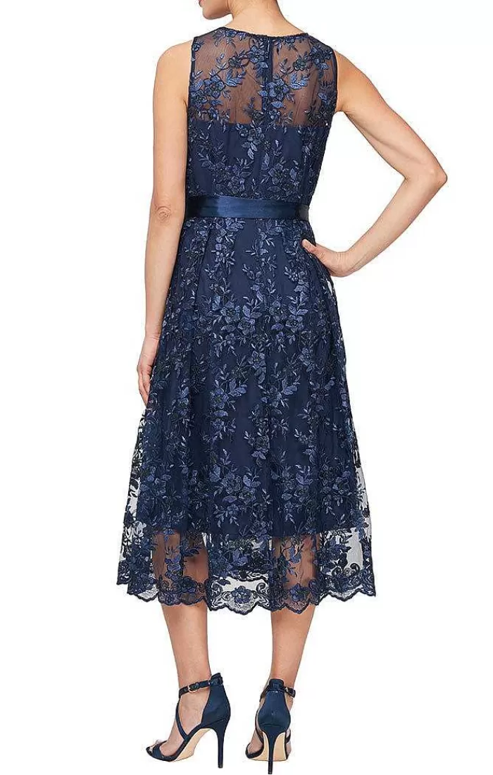 Shop Alex Evenings Embroidered Sleeveless Dress With Illusion Neckline & Tie Belt Navy