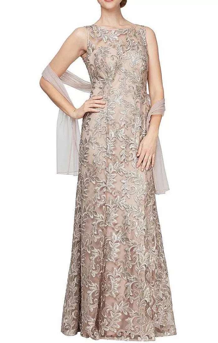 Cheap Alex Evenings Embroidered Tulle Gown With Sweetheart Illusion Neckline & Matching Shawl Champagne