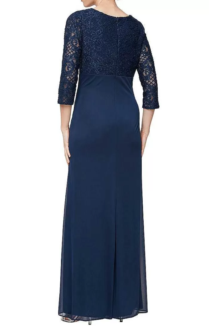 Fashion Alex Evenings Empire Waist Lace & Mesh Dress With Surplice Neckline Eggplant | Navy