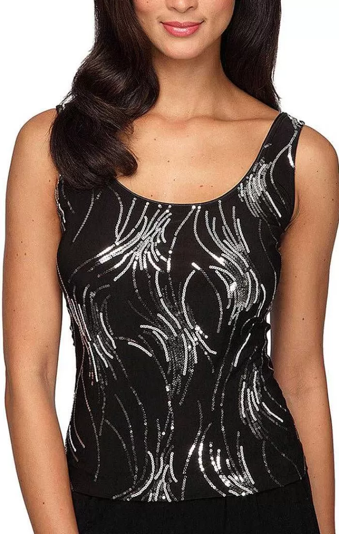 Discount Alex Evenings Fireworks Sequin Twinset With Mandarin Neck Collar Black Silver