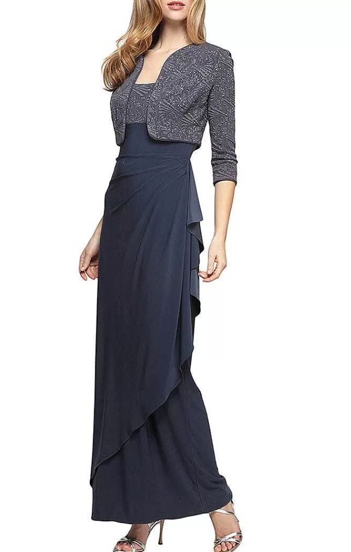 Clearance Alex Evenings Glitter Jacquard Knit & Matte Jersey Gown With Bolero Jacket Smoke