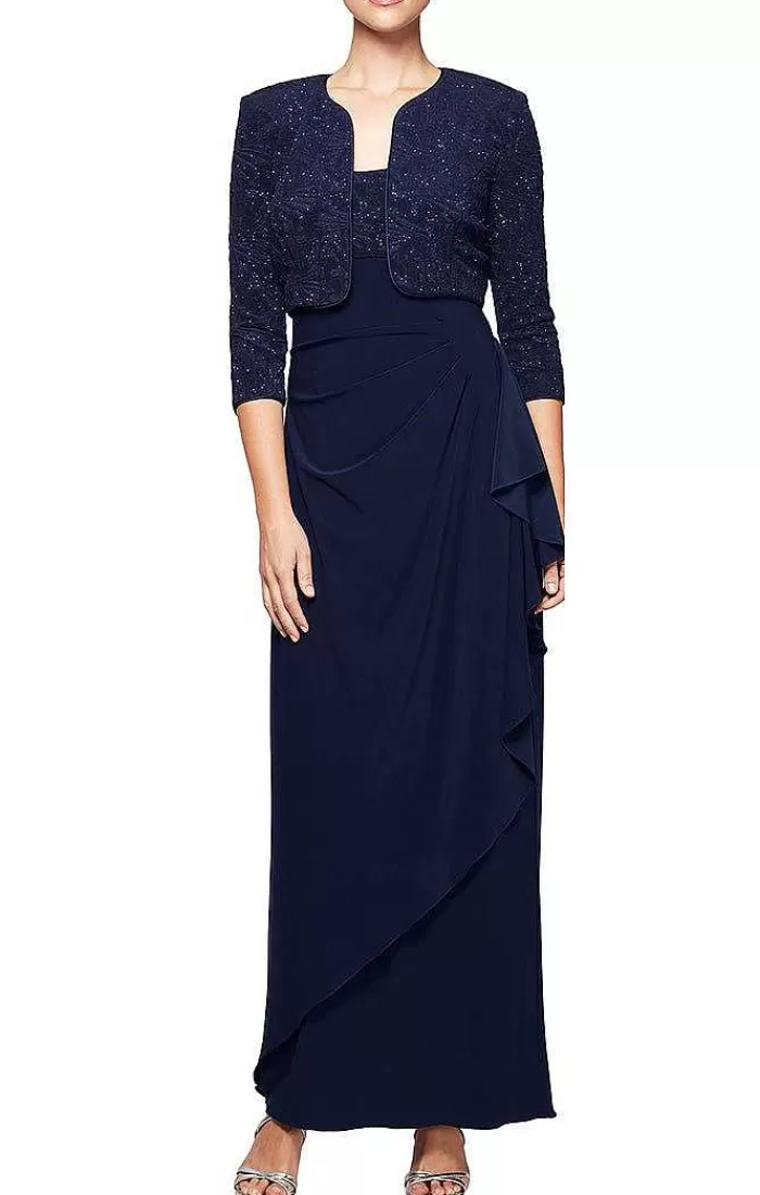 Best Alex Evenings Glitter Jacquard Knit & Matte Jersey Gown With Bolero Jacket Navy