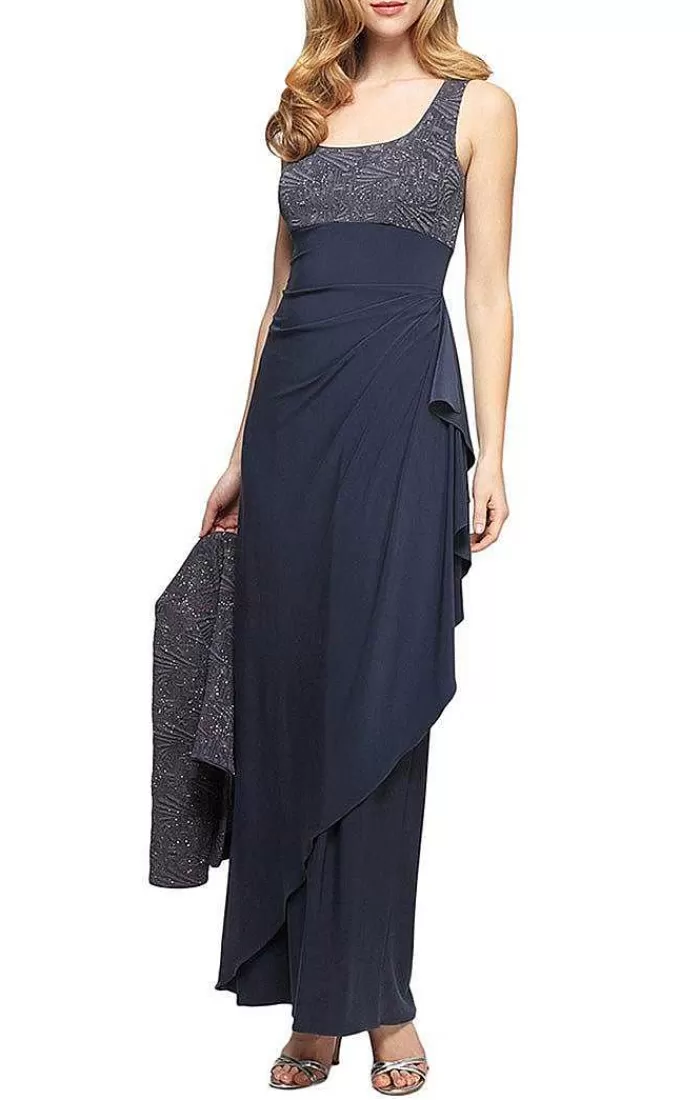 Clearance Alex Evenings Glitter Jacquard Knit & Matte Jersey Gown With Bolero Jacket Smoke