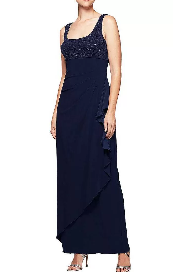 Best Alex Evenings Glitter Jacquard Knit & Matte Jersey Gown With Bolero Jacket Navy