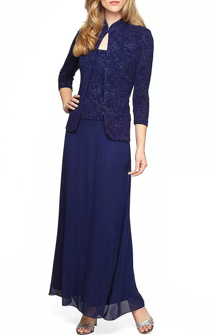 Outlet Alex Evenings Glitter Jacquard Knit Jacket Dress With Mandarin Neckline Electric Blue | Eggplant | Navy | Smoke