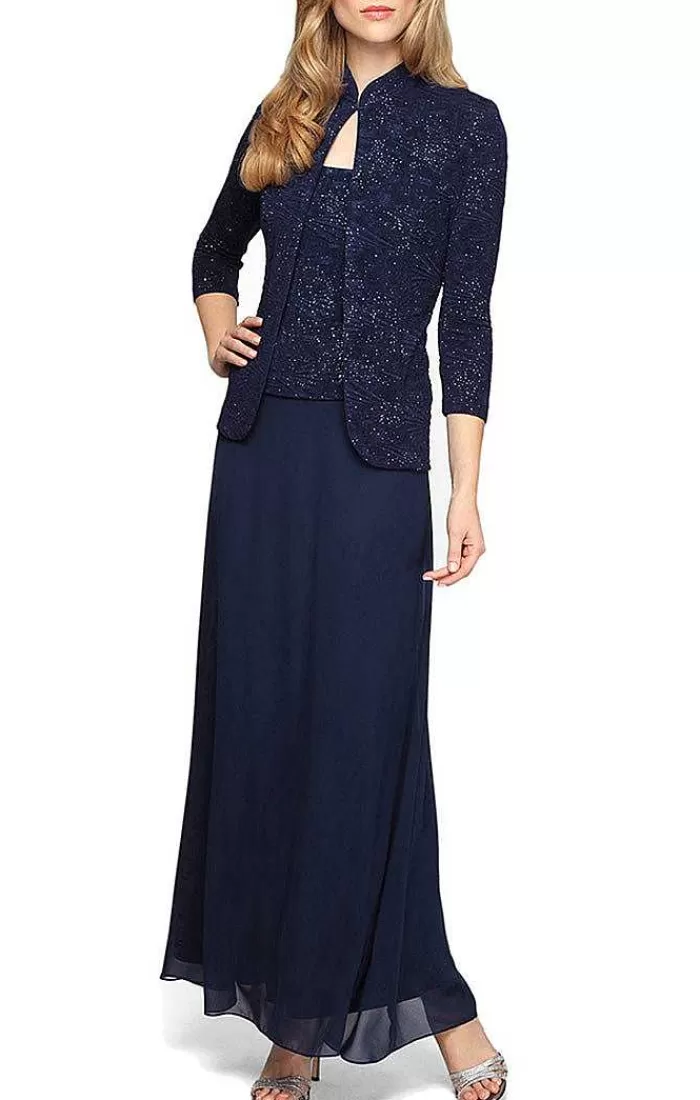 Best Sale Alex Evenings Glitter Jacquard Knit Jacket Dress With Mandarin Neckline Electric Blue | Eggplant | Navy | Smoke