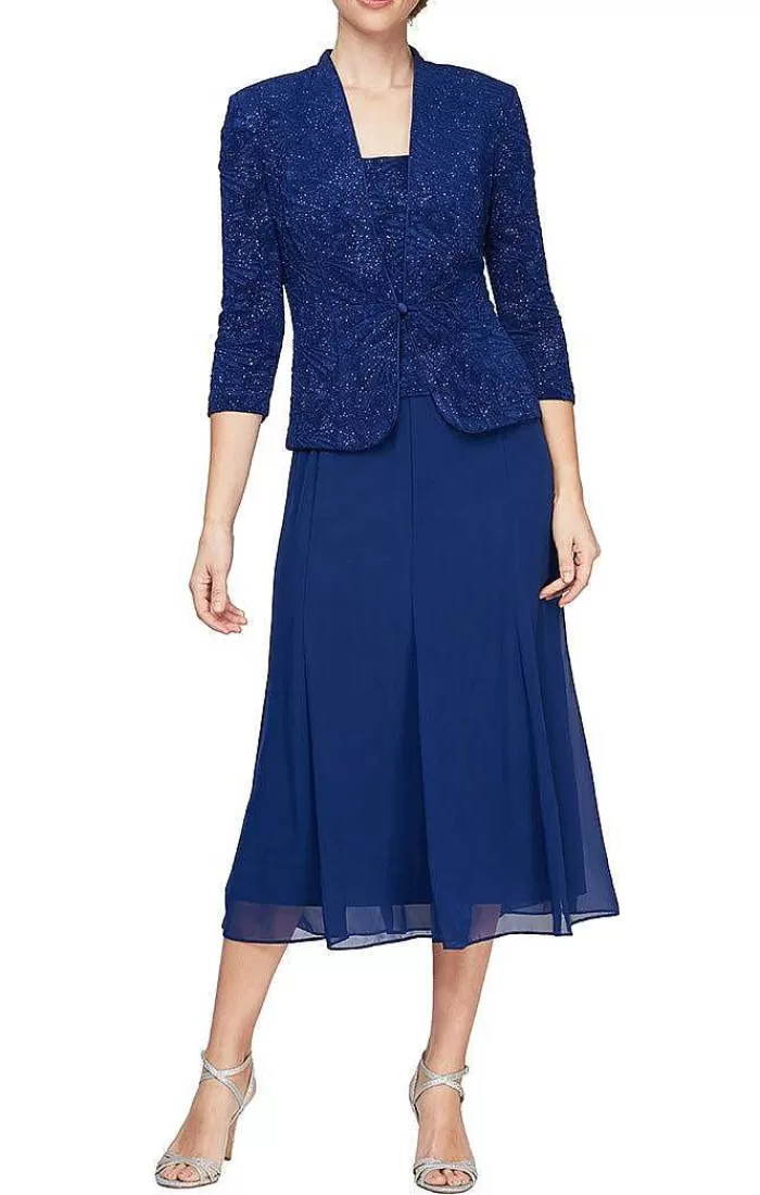 Clearance Alex Evenings Glitter Jacquard Knit Jacket Dress With Tea-Length Mesh Skirt Electric Blue