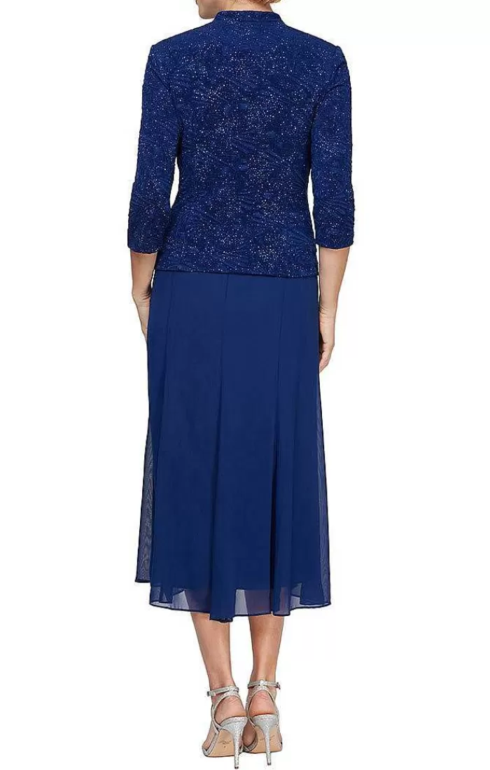 Hot Alex Evenings Glitter Jacquard Knit Jacket Dress With Tea-Length Mesh Skirt Electric Blue