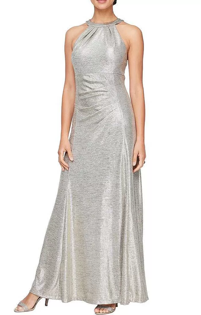 Sale Alex Evenings Halter Neck Metallic Knit Dress With Ruched Waist Detail Champagne