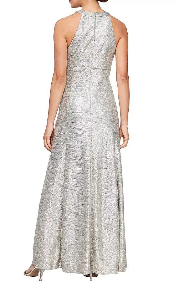 Cheap Alex Evenings Halter Neck Metallic Knit Dress With Ruched Waist Detail Champagne