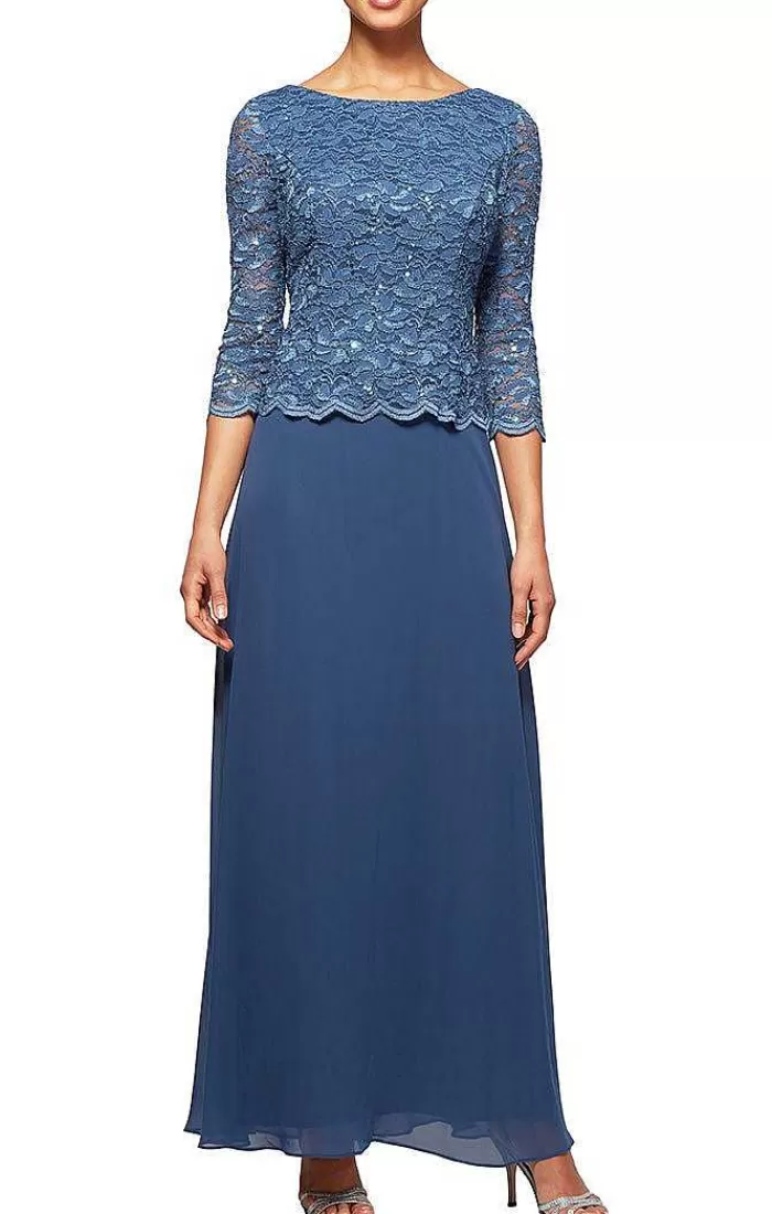 Store Alex Evenings Lace & Chiffon Gown With Scallop Edge Detail Wedgewood