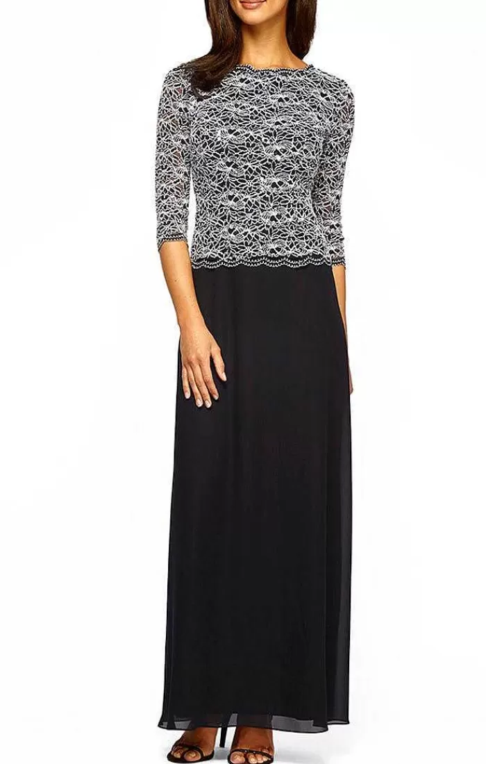 Store Alex Evenings Lace & Chiffon Gown With Scalloped Hem Detail Black & White