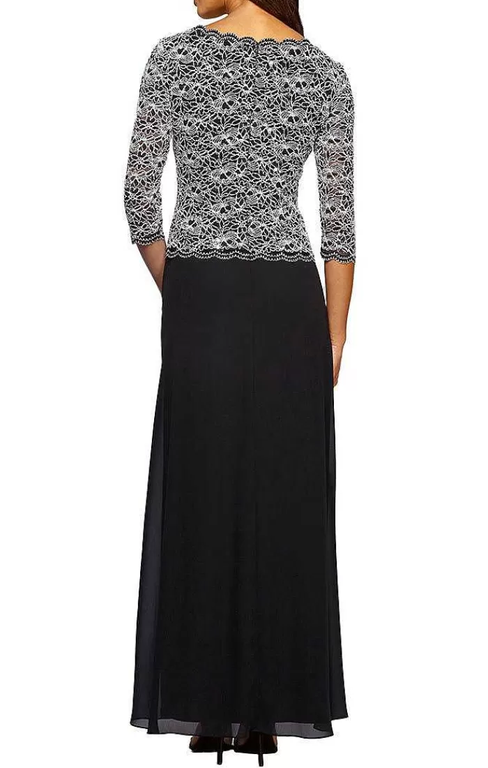 Store Alex Evenings Lace & Chiffon Gown With Scalloped Hem Detail Black & White