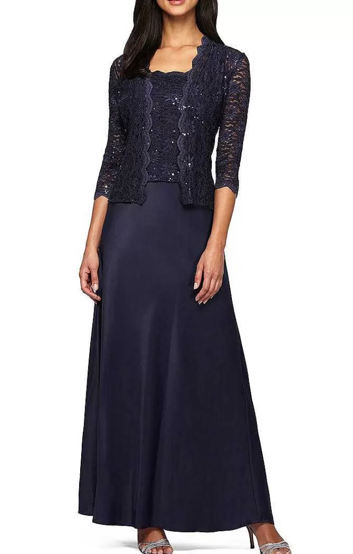 Sale Alex Evenings Lace & Satin Gown With 3/4 Sleeve Scalloped Lace Jacket Midnight | Eggplant