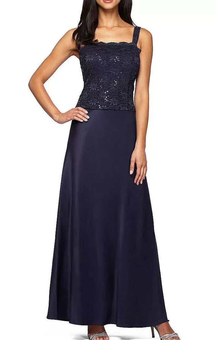 Online Alex Evenings Lace & Satin Gown With 3/4 Sleeve Scalloped Lace Jacket Midnight | Eggplant