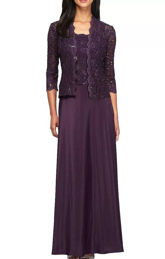 Sale Alex Evenings Lace & Satin Gown With 3/4 Sleeve Scalloped Lace Jacket Midnight | Eggplant