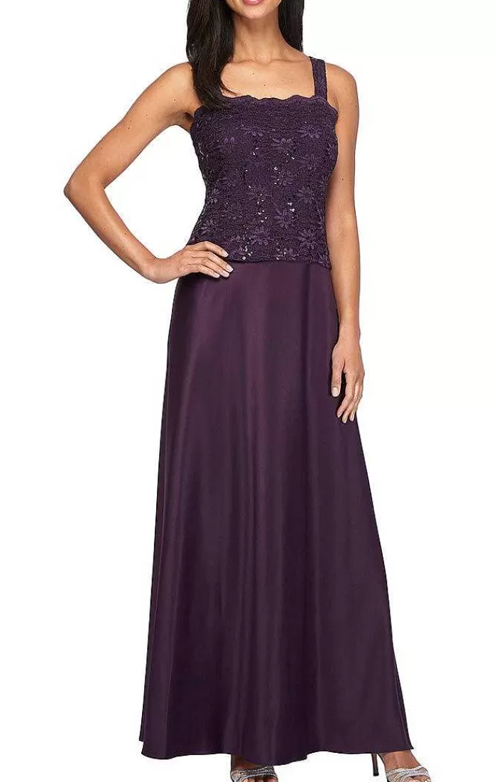 Best Alex Evenings Lace & Satin Gown With 3/4 Sleeve Scalloped Lace Jacket Midnight | Eggplant