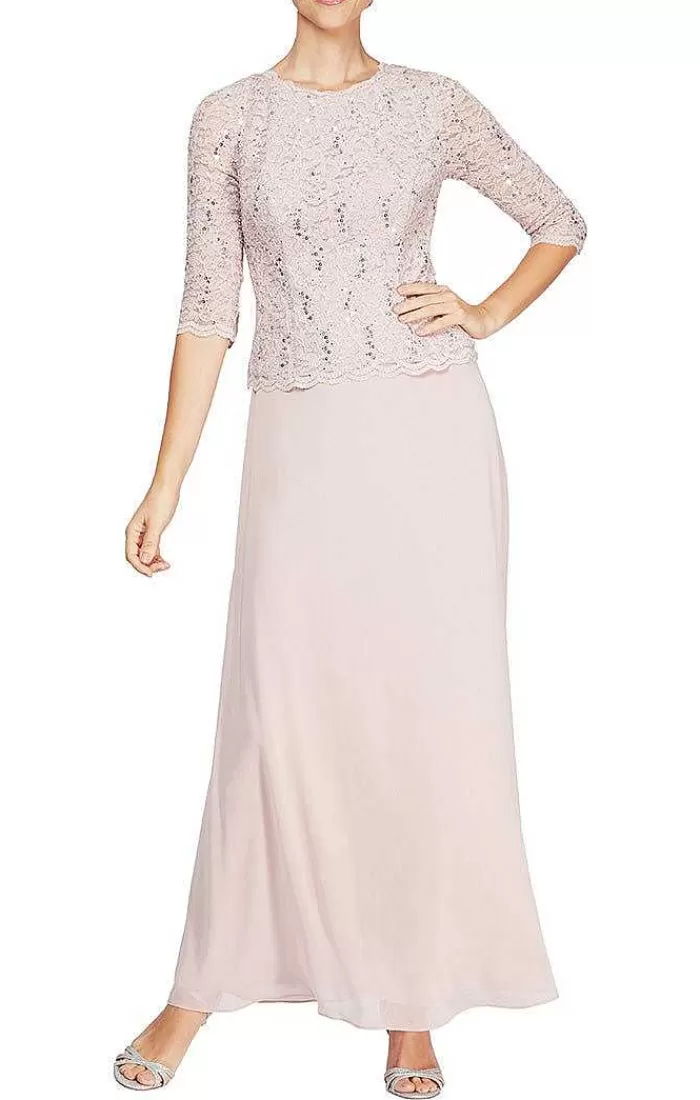 Cheap Alex Evenings Long Gown With Sequin Lace Bodice & Chiffon Skirt Shell Pink | Taupe | Skyblue