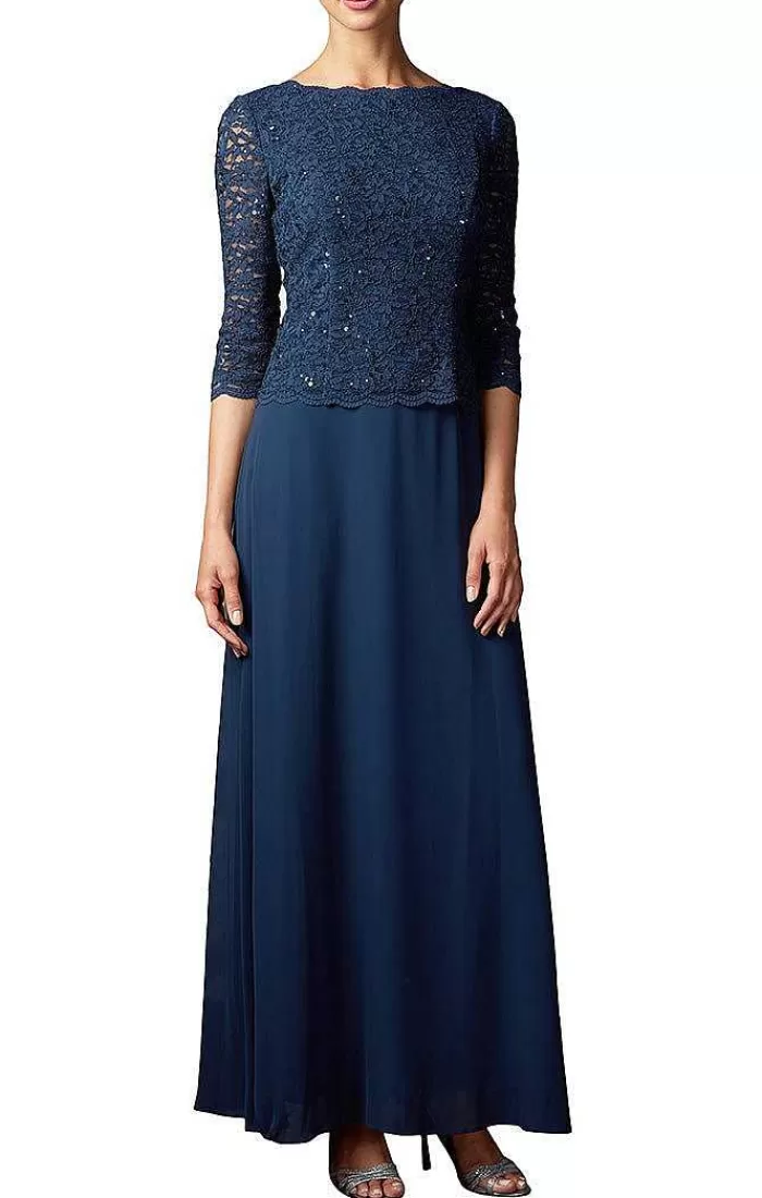 Online Alex Evenings Long Gown With Sequin Lace Bodice & Chiffon Skirt Navy | Deep Plum | Peacock | Taupe